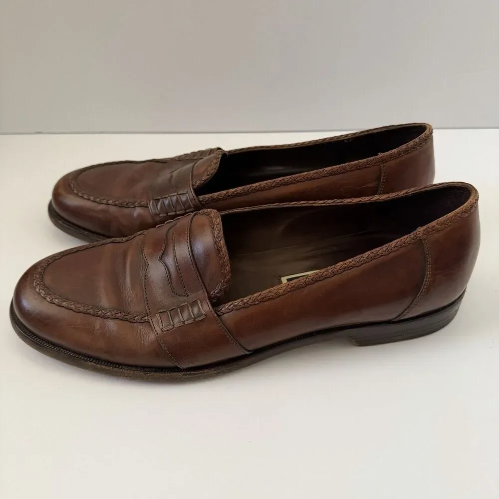 Bragano by Cole Haan Mens 11 M Brown Leather Penny Loafers Italy Braided